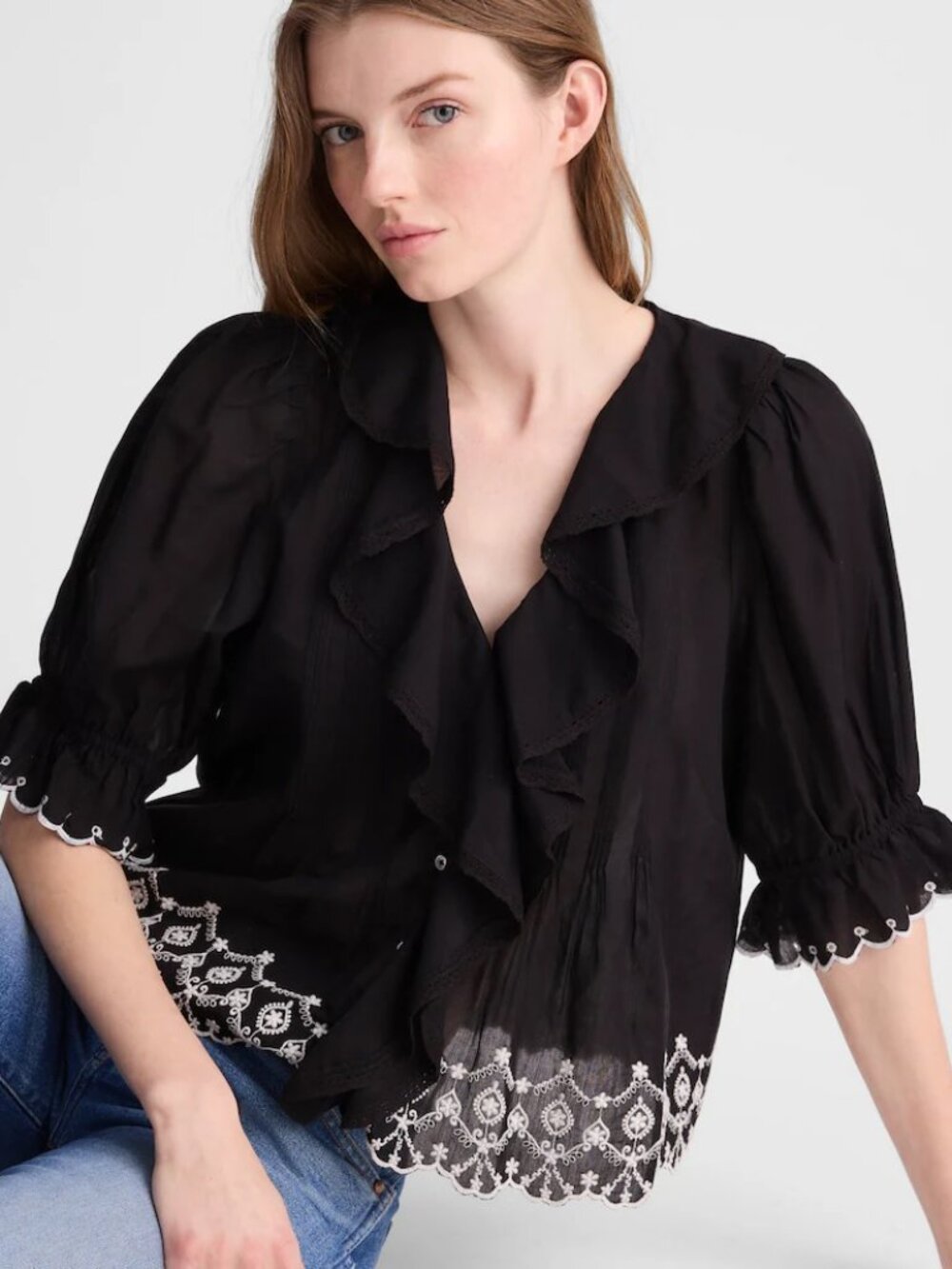 Madewell NWT The Blaire Top in Jet Black Embroidered Romantic Flowy size XL